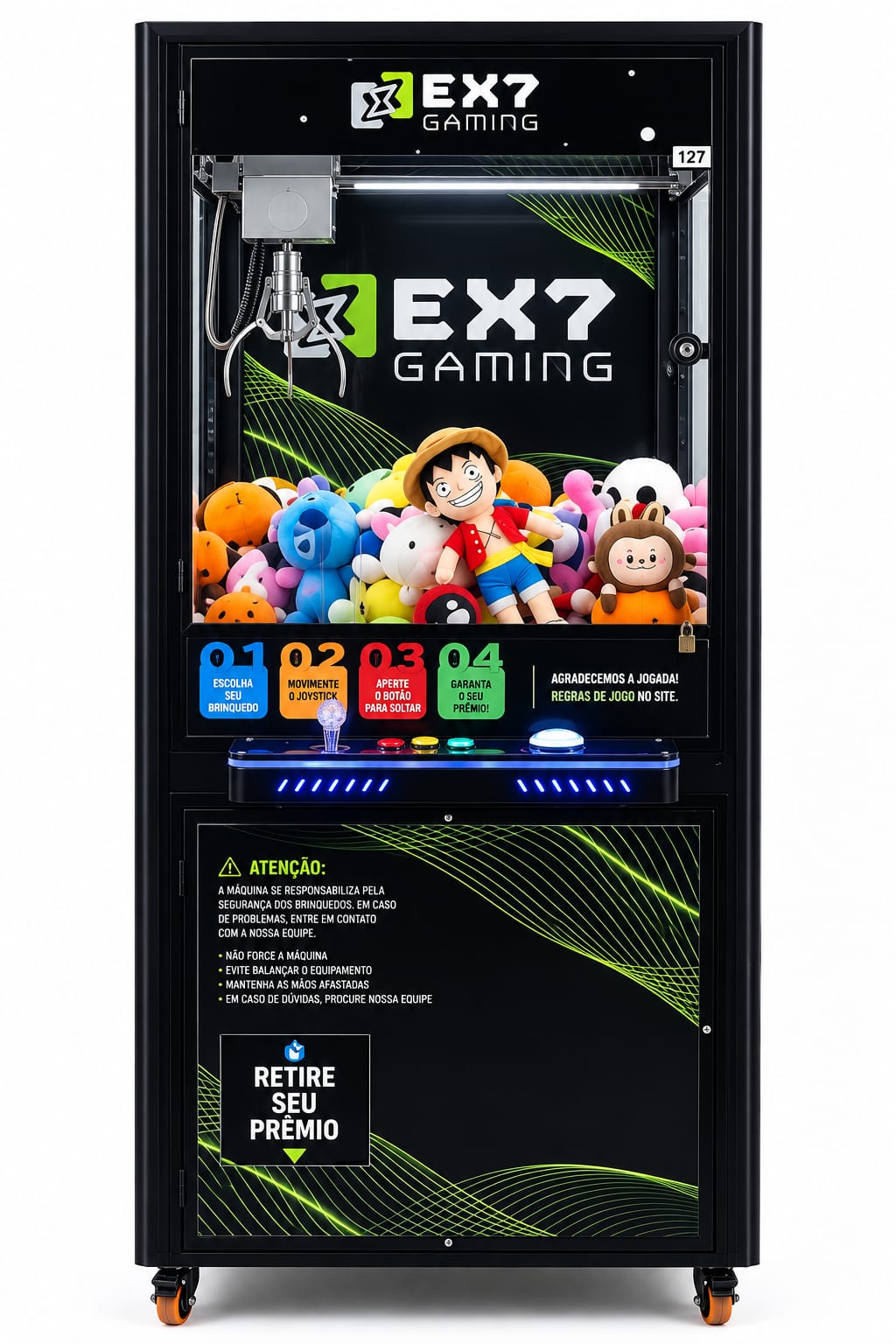 Máquina de garra simples da EX7 Gaming, com uma cabine e pelúcias coloridas
